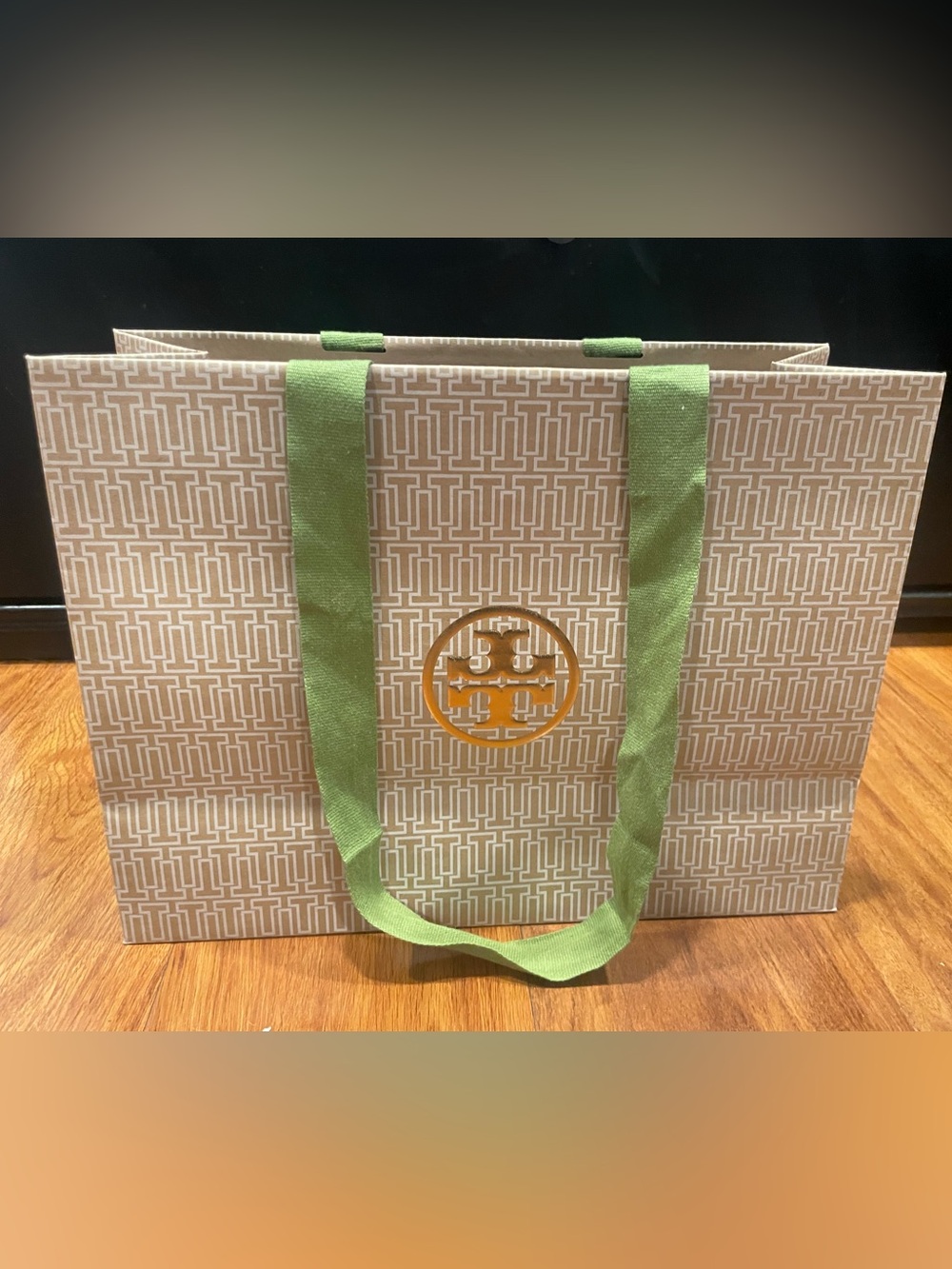 Tory Burch Beige Patterned Tote with Lime Green Straps and Gold Logo